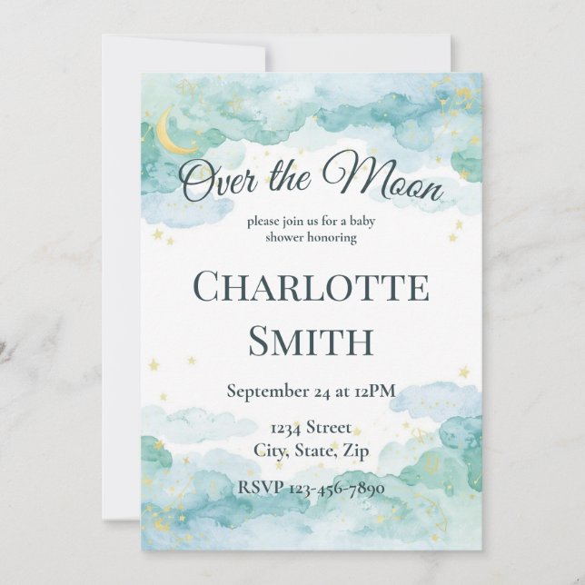 Convites Celestial Baby Shower Invitation | Watercolor Moon (Frente)