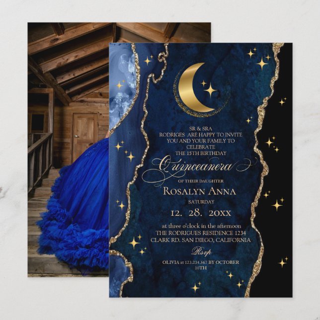 Convites  Celestial Blue Quinceanera Midnight Stars Moon  (Frente/Verso)