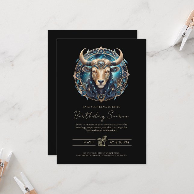 Convites Celestial Bull Zodiac Symbol Black Gold Taurus (Frente/Verso In Situ)