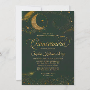 Convites Celestial Emerald Green Star Moon Quinceanera