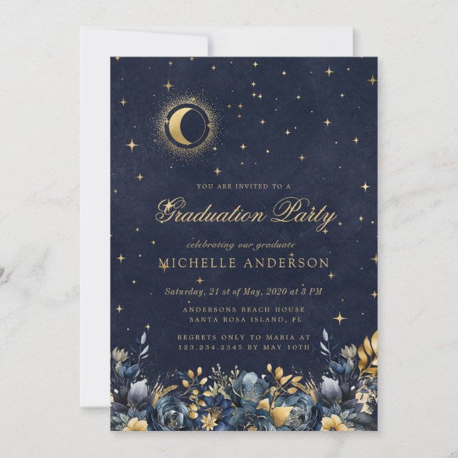 Convites Celestial Floral Blue Stars Moon Graduation Party (Frente)