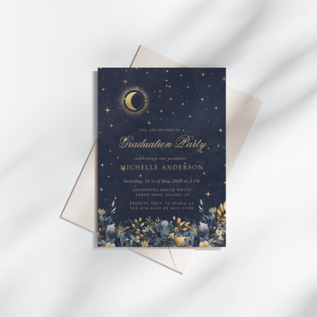 Convites Celestial Floral Blue Stars Moon Graduation Party (Criador carregado)