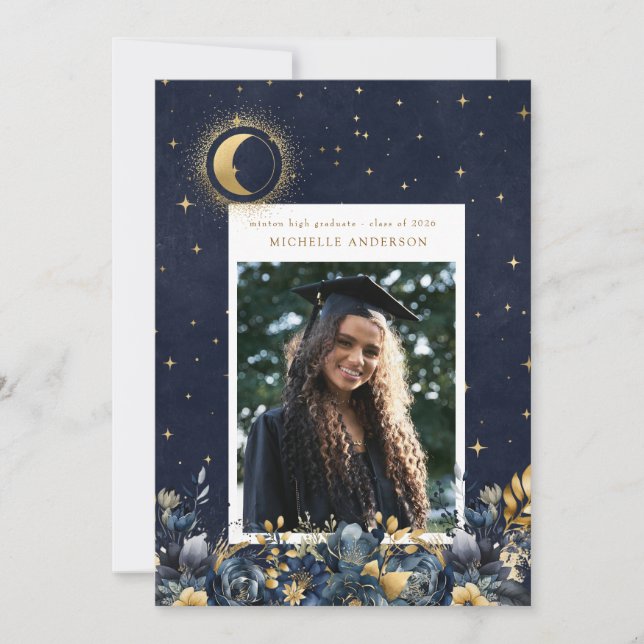 Convites Celestial Floral Moon Graduation Announcement (Frente)