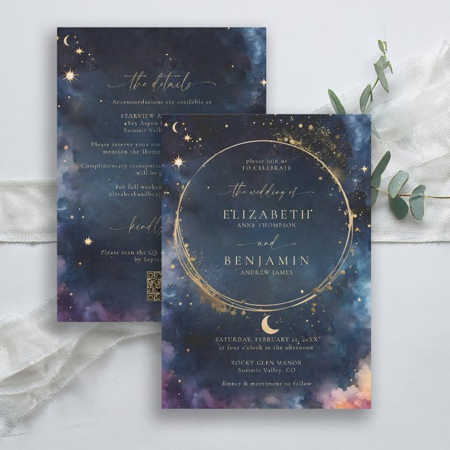 Convites Celestial Gift Midnight Blue Tudo em Um Casamento (celestial wedding invitation all in one rsvp qr details watercolor starry night sky galaxy universe )
