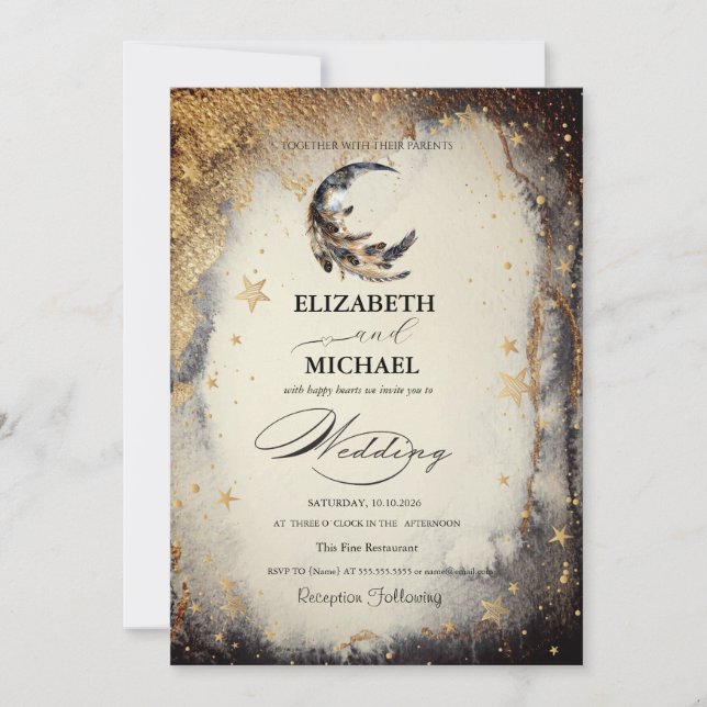 Convites Celestial Gold Stars Moon Feather Dark Invitation (Frente)