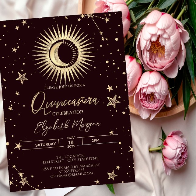 Convites Celestial Gold Sun Moon Stars Dark Quinceanera (Criador carregado)