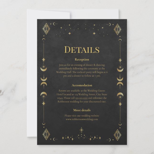 Convites Celestial Gothic Black and Gold Wedding Details (Frente)