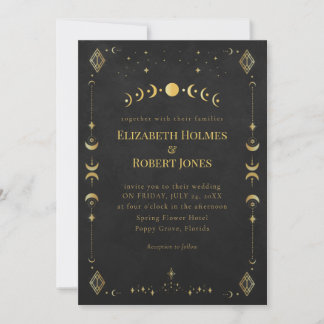 Convites Celestial Gothic Black and Gold Wedding Invitation
