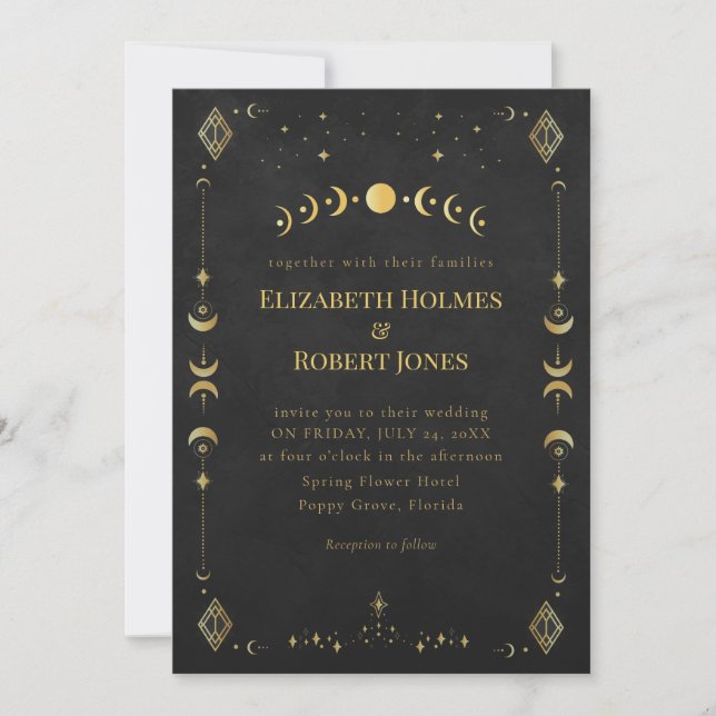 Convites Celestial Gothic Black and Gold Wedding Invitation (Frente)
