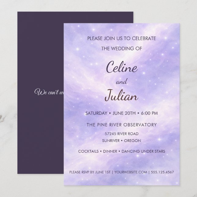 Convites Celestial Lavender Nebula Under the Stars Wedding  (Frente/Verso)