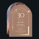 Convites Celestial Mocha Dourada Sun Moon Stars aniversário<br><div class="desc">A Celestial Mocha Mousse, Dourada Sun Moon Astronomy aniversário de 30 anos Photo Invirs, apresenta um elegante sol dourado, lua e estrelas com um quadro de ouro sobre um fundo mousse mocha. Dentro é a sua informação de convite de 30 anos. Ao contrário, adicione sua foto favorita. Projetado para você...</div>