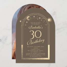 Convites Celestial Mocha Dourada Sun Moon Stars aniversário