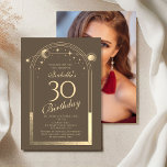 Convites Celestial Mocha Dourada Sun Moon Stars aniversário<br><div class="desc">A Celestial Mocha Dourada Sun Moon Astronomy aniversário de 30 anos Photo Invices apresenta um elegante sol dourado, lua e estrelas com um quadro de ouro sobre um fundo de mocha. Dentro é a sua informação de convite de 30 anos. Ao contrário, adicione sua foto favorita. Projetado para você pelo...</div>