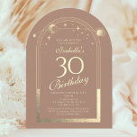Convites Celestial Mocha Dourada Sun Moon Stars aniversário<br><div class="desc">A Celestial Mocha Mousse, Dourada Sun Moon Astronomy aniversário de 30 anos Invisions, apresenta um elegante sol dourado, lua e estrelas com um quadro de ouro sobre um fundo mocha mousse. Dentro é a sua informação de convite de 30 anos. Personalize editando o texto nas caixas de texto. Projetado para...</div>
