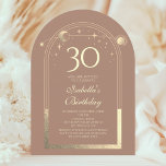 Convites Celestial Mocha Dourada Sun Moon Stars aniversário<br><div class="desc">A Celestial Mocha Mousse, Dourada Sun Moon Astronomy aniversário de 30 anos Invisions, apresenta um elegante sol dourado, lua e estrelas com um quadro de ouro sobre um fundo mocha mousse. Dentro é a sua informação de convite de 30 anos. Personalize editando o texto nas caixas de texto. Projetado para...</div>