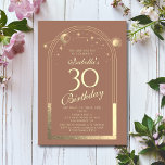 Convites Celestial Mocha Dourada Sun Moon Stars aniversário<br><div class="desc">A Celestial Mocha Mousse, Dourada Sun Moon Astronomy aniversário de 30 anos Invisions, apresenta um elegante sol dourado, lua e estrelas com um quadro de ouro sobre um fundo mocha mousse. Dentro é a sua informação de convite de 30 anos. Personalize editando o texto nas caixas de texto. Projetado para...</div>