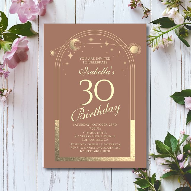 Convites Celestial Mocha Dourada Sun Moon Stars aniversário (Criador carregado)