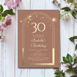 Convites Celestial Mocha Dourada Sun Moon Stars aniversário<br><div class="desc">A Celestial Mocha Mousse, Dourada Sun Moon Astronomy aniversário de 30 anos Invisions, apresenta um elegante sol dourado, lua e estrelas com um quadro de ouro sobre um fundo mocha mousse. Dentro é a sua informação de convite de 30 anos. Personalize editando o texto nas caixas de texto. Projetado para...</div>