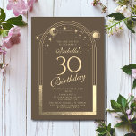 Convites Celestial Mocha Dourada Sun Moon Stars aniversário<br><div class="desc">A Celestial Mocha Dourada Sun Moon Astronomy aniversário de 30 anos Invances apresenta um elegante sol dourado, lua e estrelas com um quadro de ouro sobre um fundo mocha. Dentro é a sua informação de convite de 30 anos. Personalize editando o texto nas caixas de texto. Projetado para você pelo...</div>