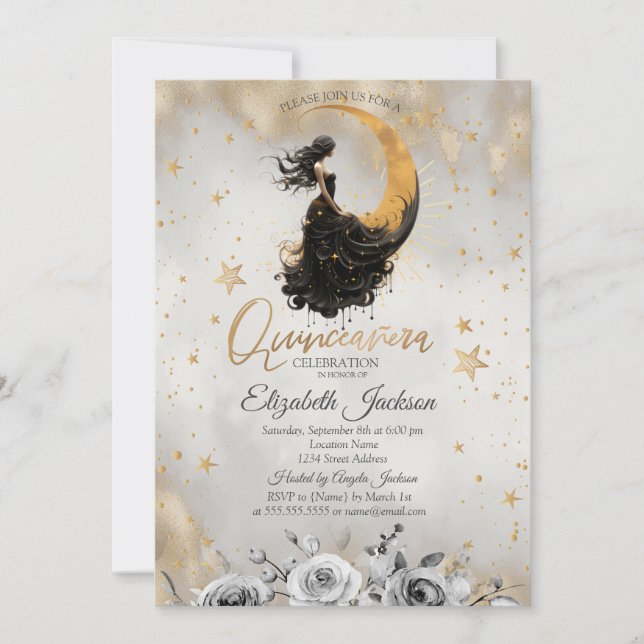 Convites Celestial Moon Flowers Stars Quinceanera (Frente)