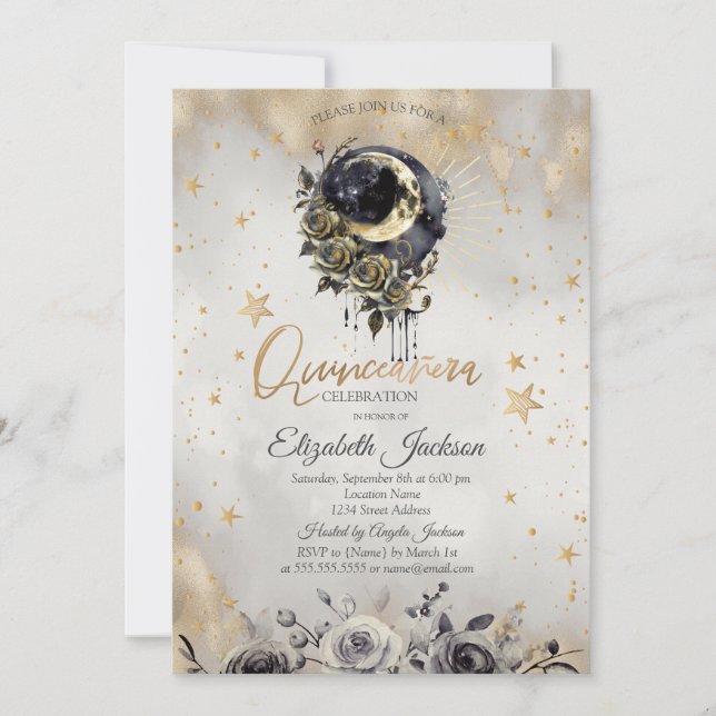Convites Celestial  Moon Roses Stars Quinceanera  (Frente)