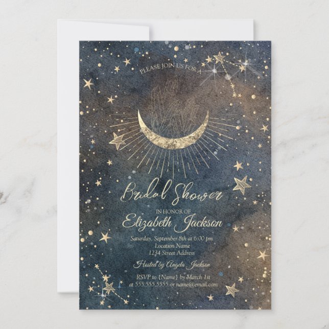 Convites Celestial Moon,Stars Diamond Dark Bridal Shower  (Frente)
