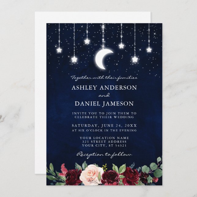 Convites Celestial Moon Stars Lights Foto Floral Casamento (Frente/Verso)