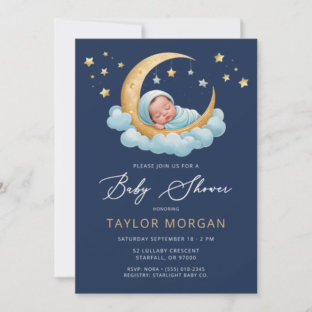 Convites Celestial Moon & Stars Navy Boy Baby Shower  (Frente)