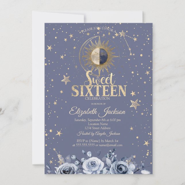 Convites Celestial Moon Sun Moon Stars Lavander Sweet 16 (Frente)