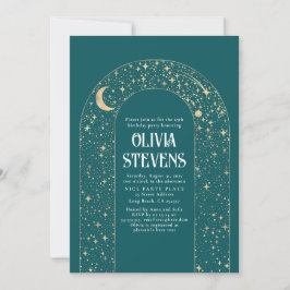 Convites Celestial Moon Teal Mystical Aniversário