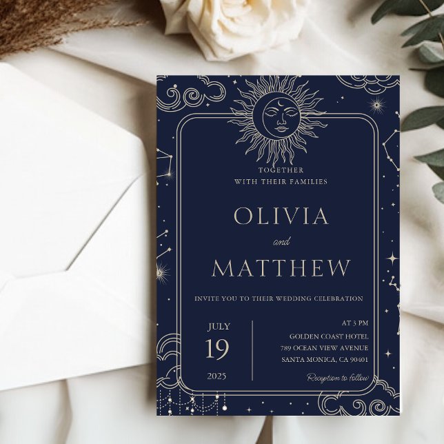 Convites Celestial Mystical Starry Night Moon Stars Casamen (Celestial Mystical Starry Night Moon Stars Wedding Invitation)