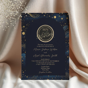 Convites Celestial Navy Monograma Dourado Casamento
