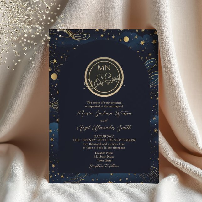 Convites Celestial Navy Monograma Dourado Casamento (Criador carregado)