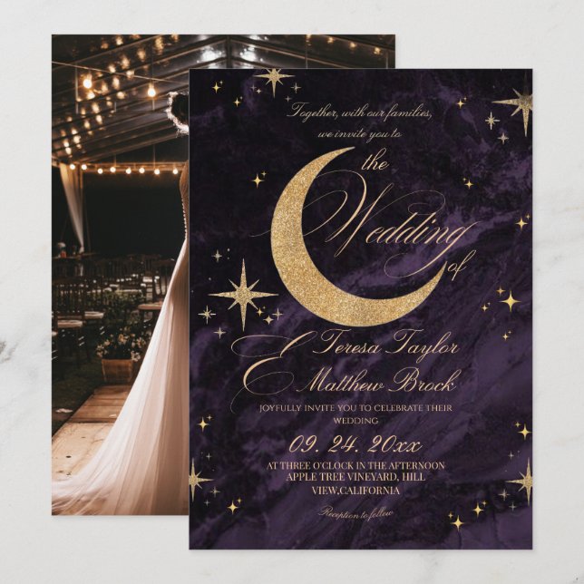Convites Celestial Purple and Gold Moody Wedding  (Frente/Verso)