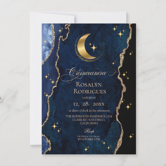 Convites  Celestial Quinceanera Midnight Stars Moon  (Frente)