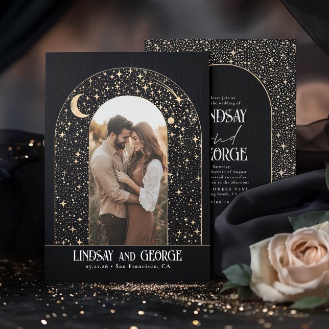 Convites Celestial Romântico Estrelas Noturnas Foto de Casa (Celestial Modern Black Wedding Photo Invitations)