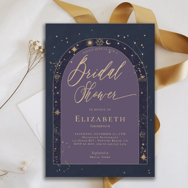 Convites Celestial Starry Night Zodiac Planet Chá de panela (celestial bridal shower invitation zodiac signs astrology map universe bespoke navy blue purple)