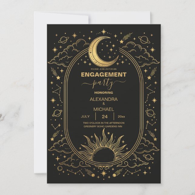 Convites Celestial Sun Moon Wedding Invitation Black Gold (Frente)