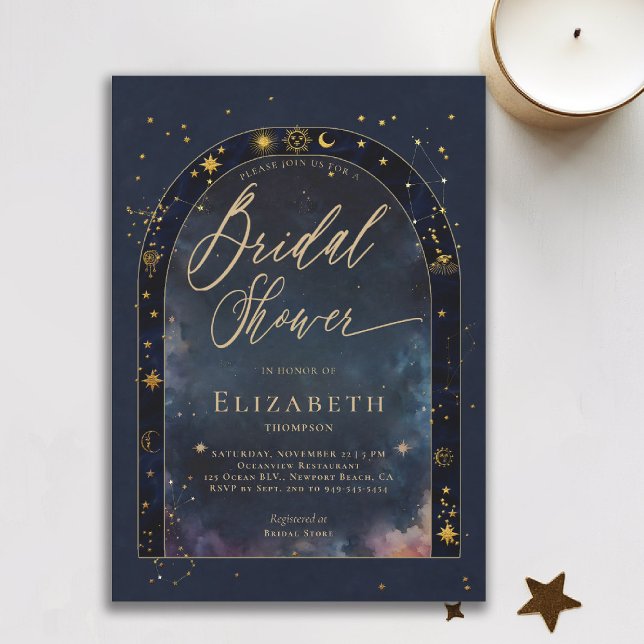 Convites Celestial Waters Starry Zodiac Moon Bridal Shower (celestial bridal shower invitation zodiac signs astrology oracle universe mystical waters navy blue )
