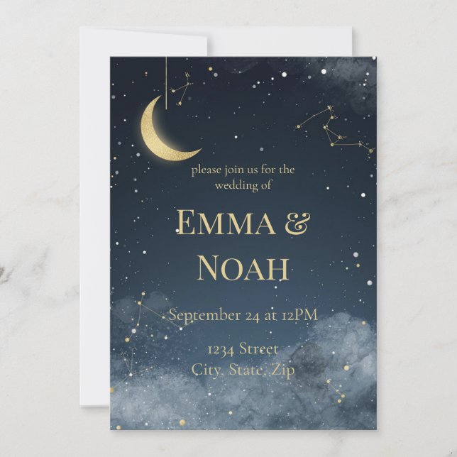 Convites Celestial Winter Wedding Invitation | Navy & Gold (Frente)