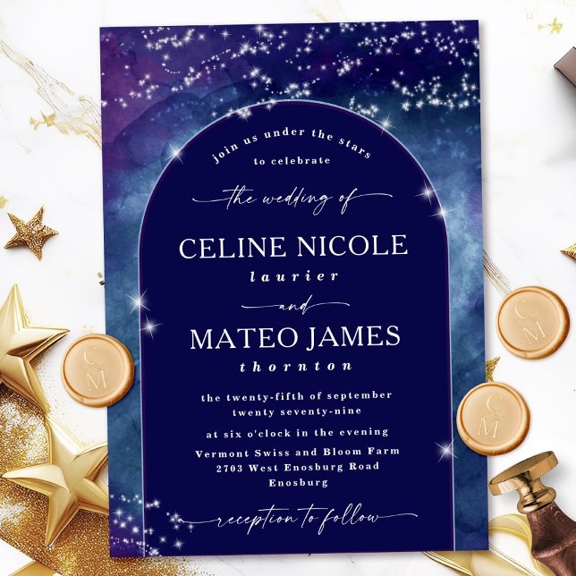 Convites Celine - Casamento Celestial Archado à Noite Estel (Invite guests to celebrate under the stars with the elegant Celine celestial wedding invite.)