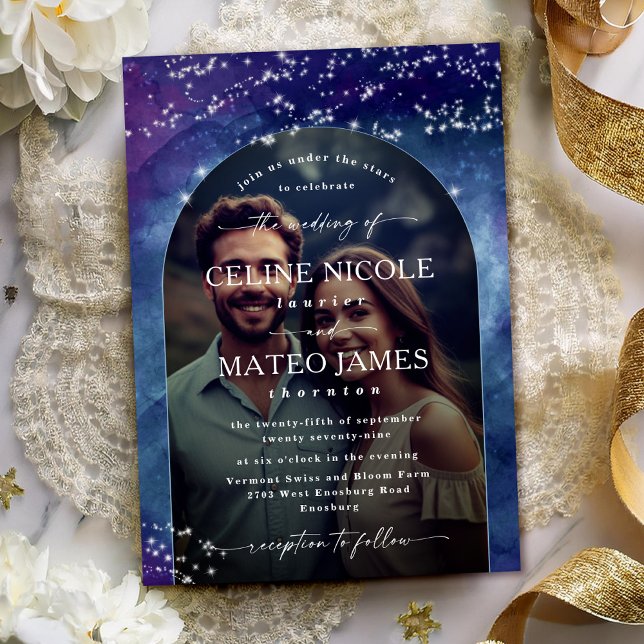 Convites Celine Céu Celestial Noite Arranjado Foto (Capture your love with the Celine photo wedding invite, with a custom monogram on the back.)