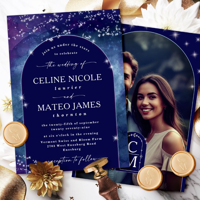Convites Celine • Foto de casamento com céu noturno elegant (Celebrate your love story with the Celine wedding invite, featuring a custom photo.)