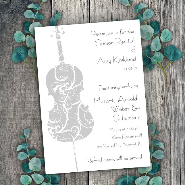 Convites Cello Considerando (Customizable cello recital invitation template by Horn and Castle.)