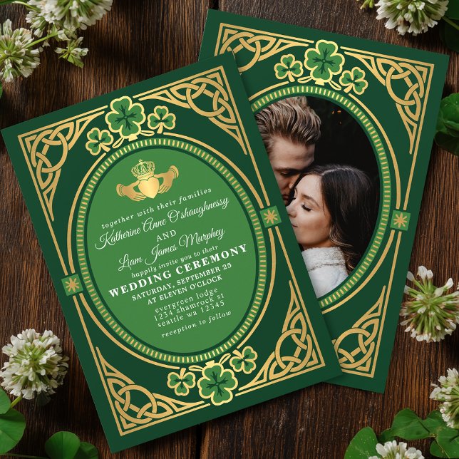 Convites Celtic Knot Claddagh Shamrock Wedding Green Photo (Criador carregado)
