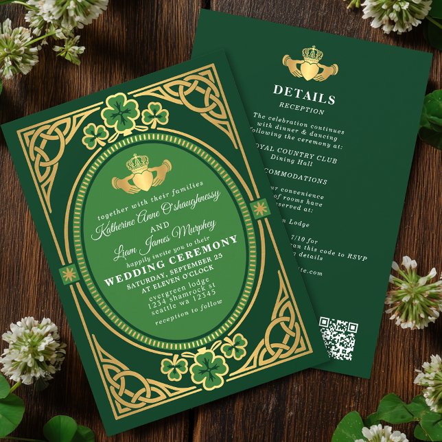 Convites Celtic Knot Claddagh Shamrock Wedding Green QR (Criador carregado)