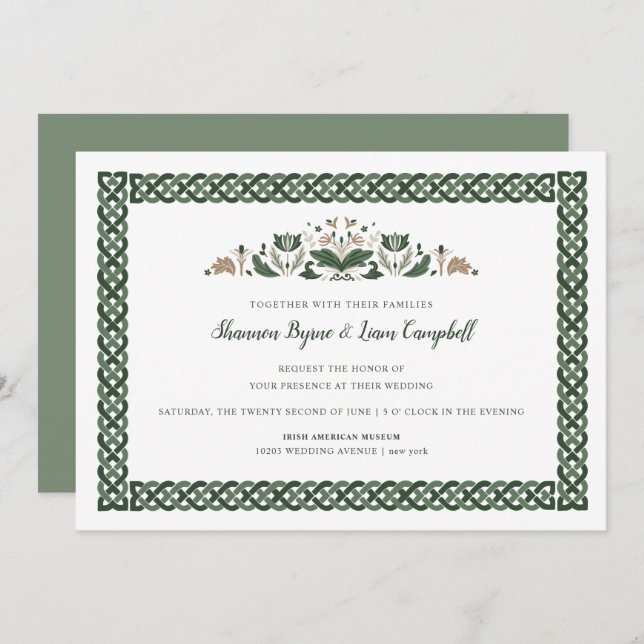 Convites Celtic Knot | Modern Floral Irish Wedding (Frente/Verso)