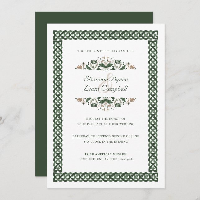 Convites Celtic Knot | Modern Floral Irish Wedding (Frente/Verso)