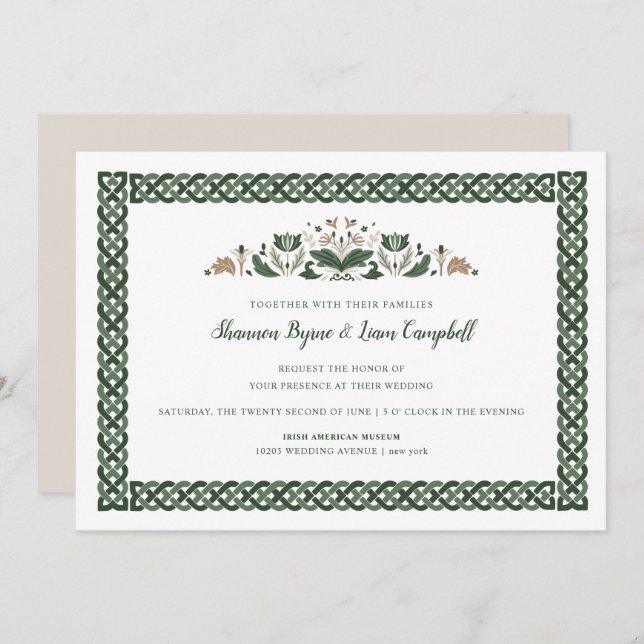 Convites Celtic Knot | Modern Floral Irish Wedding (Frente/Verso)