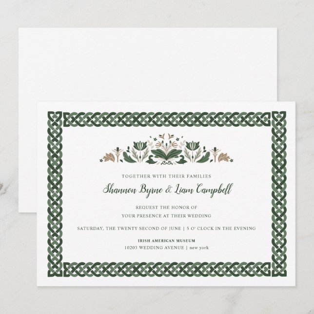 Convites Celtic Knot | Modern Floral Irish Wedding (Frente/Verso)